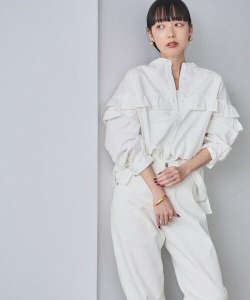 coen（コーエン）の「デニムフリルブラウス（シャツ/ブラウス・レディース・コバルトブルー/オフホワイト/ライトブルー・L/M）」の8枚目の写真