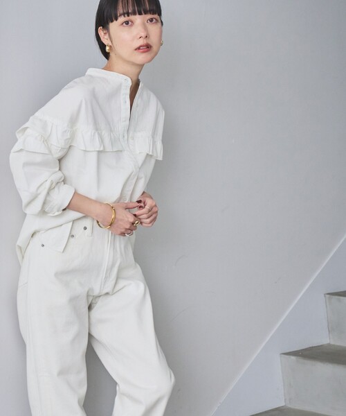 coen（コーエン）の「デニムフリルブラウス（シャツ/ブラウス・レディース・コバルトブルー/オフホワイト/ライトブルー・L/M）」の9枚目の写真