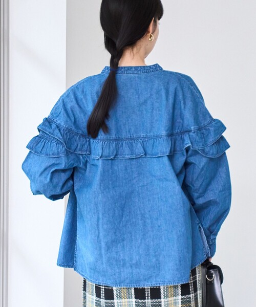 coen（コーエン）の「デニムフリルブラウス（シャツ/ブラウス・レディース・コバルトブルー/オフホワイト/ライトブルー・L/M）」の22枚目の写真