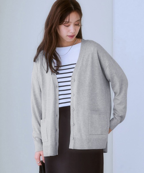 7days Life Styling(セブンデイズライフスタイリング)の「サイドスリットVネックカーディガン(毛玉になりにくい・静電防止・UVカット・タンブル乾燥OK)(ニット/セーター・レディース・ネイビー/サックスブルー/杢グレー・S/M/L/LL)」の3枚目の写真