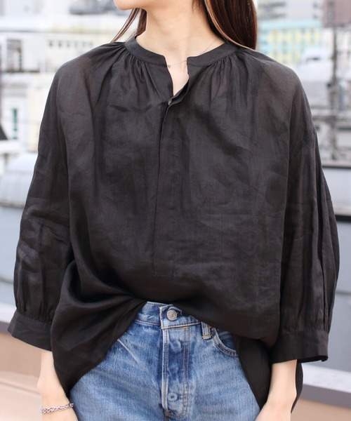 LE GLAZIK(ルグラジック)の「LE GLAZIK/ル グラジック ギャザーネックブラウス LINEN GATHER NECK BLOUSE LG-B0048 RAT(シャツ/ブラウス・レディース・ブラック/オレンジ・36)」の4枚目の写真