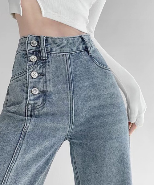 セール】デニムストレートパンツ ハイウエスト韓国（デニム