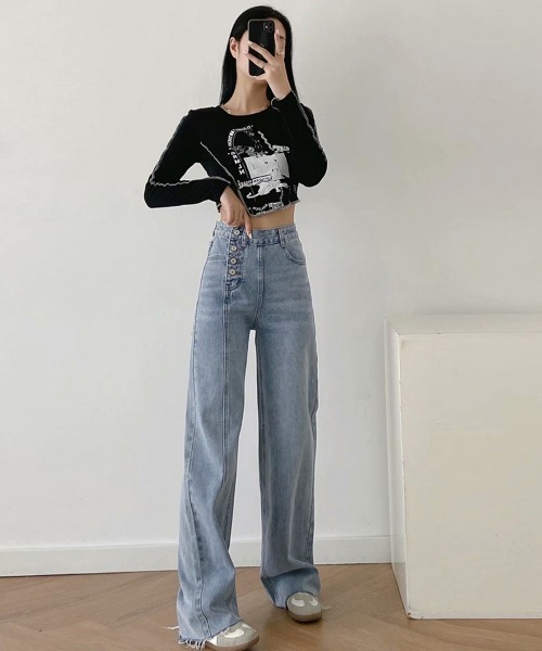 Miniministore(ミニミニストア)の「デニムストレートパンツ ハイウエスト韓国(デニムパンツ・レディース・サックスブルー・M/S/L/XL)」の4枚目の写真