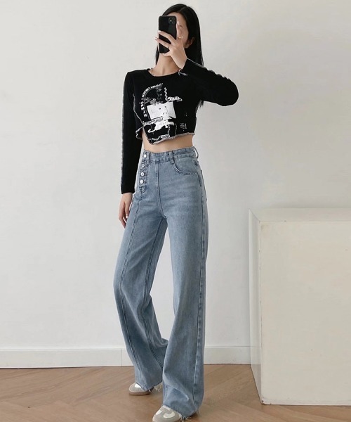 ハイウエスト ワイド デニム ストレート パンツ 韓国 nr9053 Amazon | [miniministore] ハイウエスト デニム ワイドパンツ
