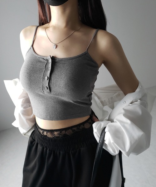me+em select(ミームセレクト)の「【 カップ付き 】フロントボタンヘンリーネックショートリブキャミソール / front button henry neck short rib camisole(キャミソール・レディース・ブラック/ホワイト/グレー・FREE)」の16枚目の写真