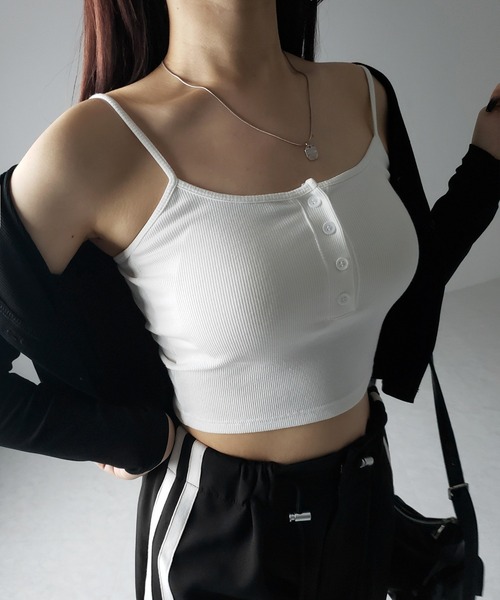 カップ付き 】フロントボタンヘンリーネックショートリブキャミソール