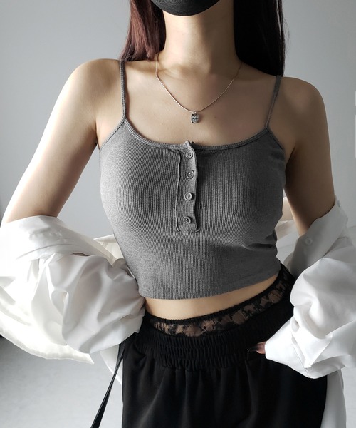me+em select(ミームセレクト)の「【 カップ付き 】フロントボタンヘンリーネックショートリブキャミソール / front button henry neck short rib camisole(キャミソール・レディース・ブラック/ホワイト/グレー・FREE)」の15枚目の写真