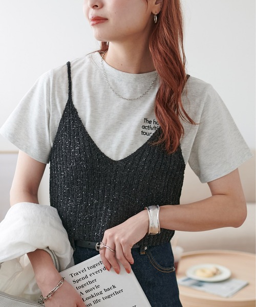 DISCOAT（ディスコート）の「ラメニットキャミ（キャミソール・レディース・オフホワイト/ブラック/ホワイト×ブラック・FREE）」の3枚目の写真