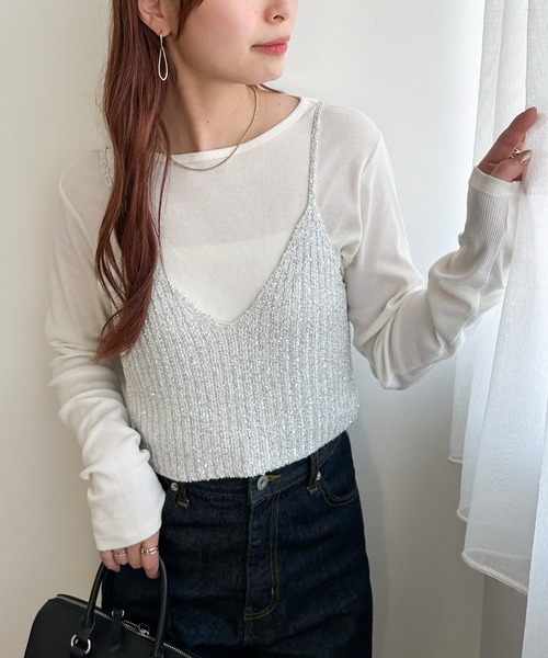 DISCOAT（ディスコート）の「ラメニットキャミ（キャミソール・レディース・オフホワイト/ブラック/ホワイト×ブラック・FREE）」の6枚目の写真