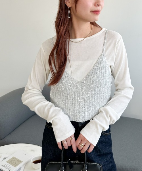 DISCOAT（ディスコート）の「ラメニットキャミ（キャミソール・レディース・オフホワイト/ブラック/ホワイト×ブラック・FREE）」の5枚目の写真