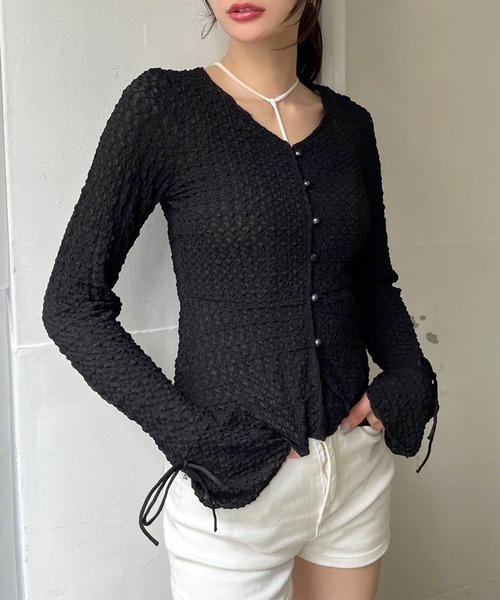 Jewelobe（ジュエローブ）の「スリーブリボンセミシアーカットタイトトップス（カーディガン/ボレロ・レディース・アイボリー/ブラック・FREE）」の20枚目の写真
