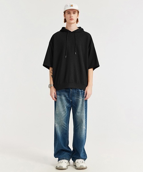 Ressaca(レサーカ)の「オーバーサイズ ワッフルフード付きTシャツ プルオーバーパーカー(パーカー・メンズ・ブラック/ブラウン/ホワイト・M/L/XL)」の8枚目の写真