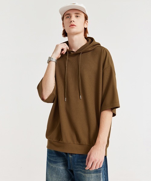 Ressaca(レサーカ)の「オーバーサイズ ワッフルフード付きTシャツ プルオーバーパーカー(パーカー・メンズ・ブラック/ブラウン/ホワイト・M/L/XL)」の9枚目の写真