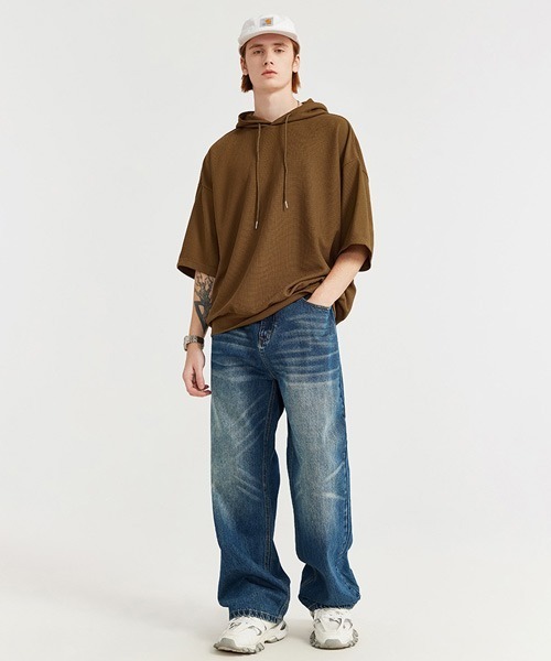 Ressaca(レサーカ)の「オーバーサイズ ワッフルフード付きTシャツ プルオーバーパーカー(パーカー・メンズ・ブラック/ブラウン/ホワイト・M/L/XL)」の10枚目の写真