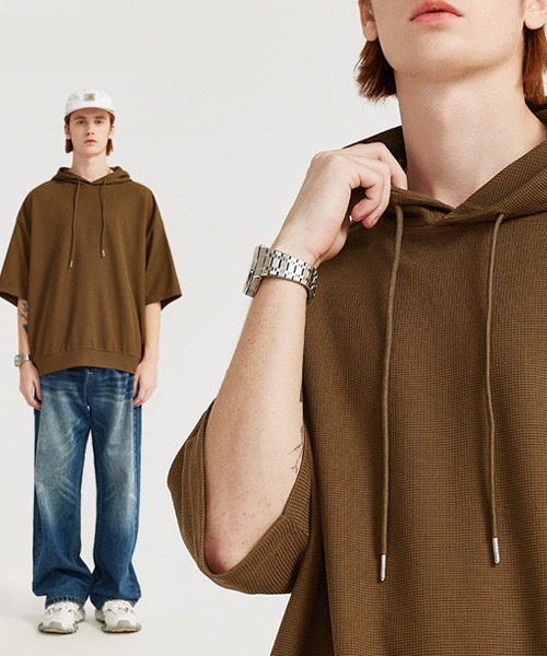Ressaca(レサーカ)の「オーバーサイズ ワッフルフード付きTシャツ プルオーバーパーカー(パーカー・メンズ・ブラック/ブラウン/ホワイト・M/L/XL)」の11枚目の写真