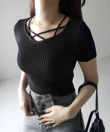 me+em select（ミームセレクト）の「【 ２color 】半袖クロスラインストラップデザインリブニット（ニット/セーター）」