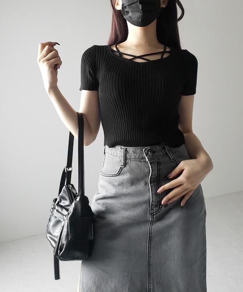 me+em select(ミームセレクト)の「【 2color 】半袖クロスラインストラップデザインリブニット ※※(ニット/セーター・レディース・ホワイト/ブラック・FREE)」の18枚目の写真
