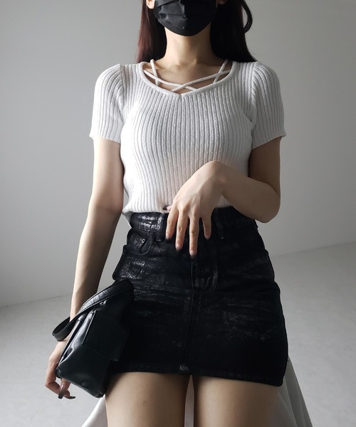 2color 】半袖クロスラインストラップデザインリブニット（ニット