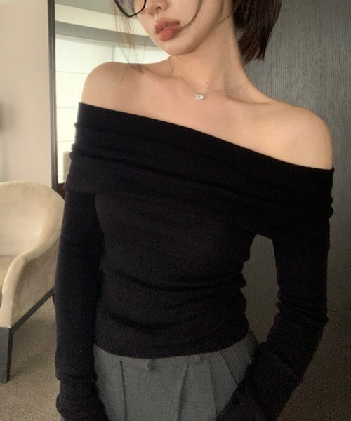 VIBGYOR（ヴィブジョー）の「【EIZZ/アイズ】サマーリブ オフショルダー トップス（Tシャツ/カットソー・レディース・ベージュ/ピンク/ブラック/グレー・MEDIUM/LARGE）」の2枚目の写真