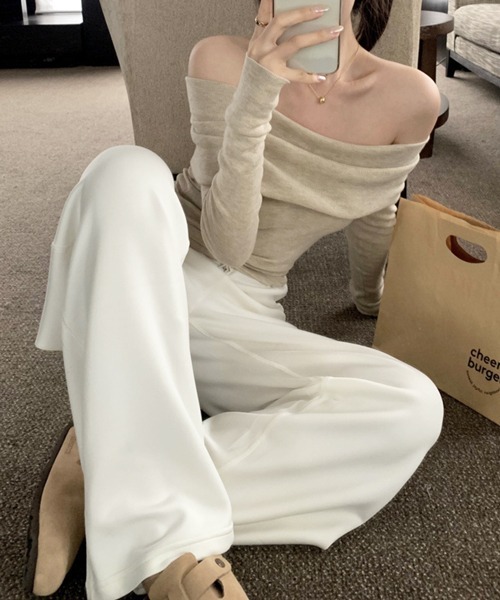 VIBGYOR（ヴィブジョー）の「【EIZZ/アイズ】サマーリブ オフショルダー トップス（Tシャツ/カットソー・レディース・ベージュ/ピンク/ブラック/グレー・MEDIUM/LARGE）」の6枚目の写真