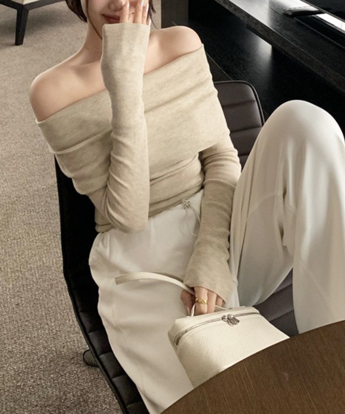 VIBGYOR（ヴィブジョー）の「【EIZZ/アイズ】サマーリブ オフショルダー トップス（Tシャツ/カットソー・レディース・ベージュ/ピンク/ブラック/グレー・MEDIUM/LARGE）」の9枚目の写真