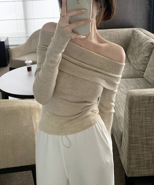 VIBGYOR（ヴィブジョー）の「【EIZZ/アイズ】サマーリブ オフショルダー トップス（Tシャツ/カットソー・レディース・ベージュ/ピンク/ブラック/グレー・MEDIUM/LARGE）」の10枚目の写真