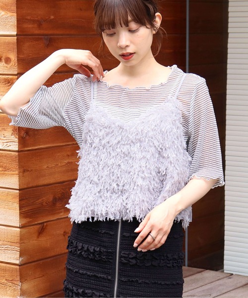 tiptop(ティップトップ)の「シアーボーダー5分袖Tシャツ×キャミSET(Tシャツ/カットソー・レディース・チャコールグレー/オフホワイト/ブルー/アイボリー・FREE)」の2枚目の写真