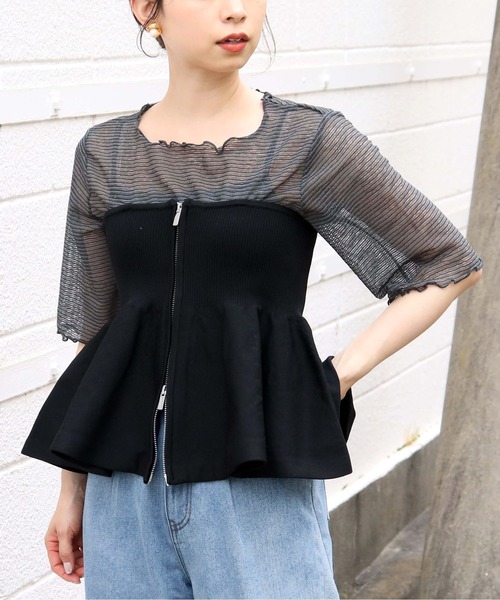tiptop(ティップトップ)の「シアーボーダー5分袖Tシャツ×キャミSET(Tシャツ/カットソー・レディース・チャコールグレー/オフホワイト/ブルー/アイボリー・FREE)」の3枚目の写真