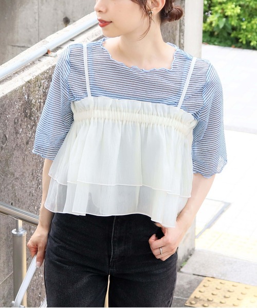 tiptop(ティップトップ)の「シアーボーダー5分袖Tシャツ×キャミSET(Tシャツ/カットソー・レディース・チャコールグレー/オフホワイト/ブルー/アイボリー・FREE)」の4枚目の写真