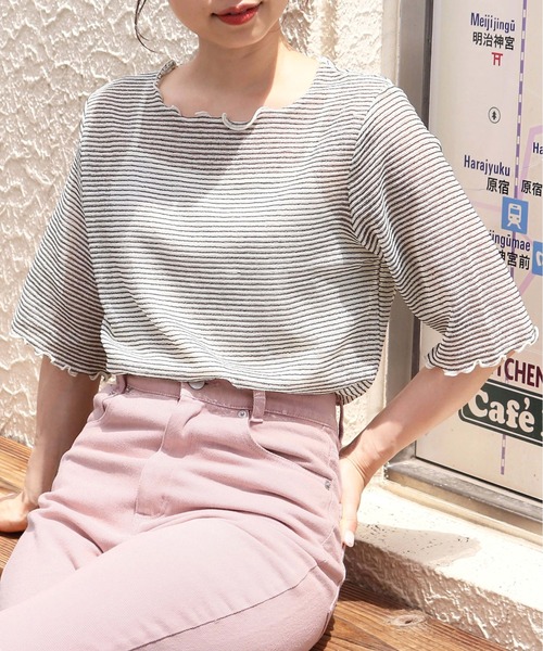 tiptop(ティップトップ)の「シアーボーダー5分袖Tシャツ×キャミSET(Tシャツ/カットソー・レディース・チャコールグレー/オフホワイト/ブルー/アイボリー・FREE)」の1枚目の写真