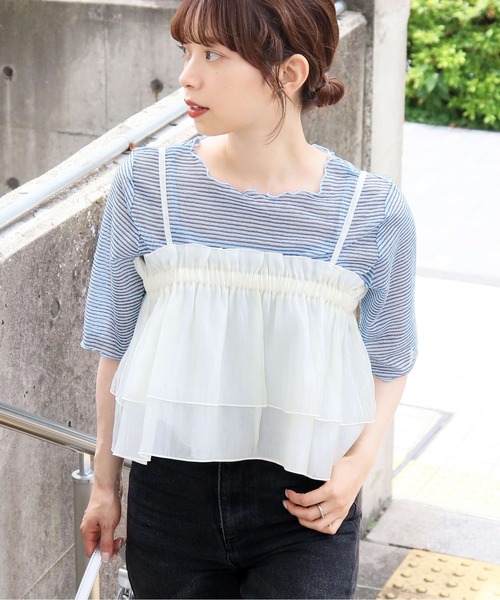 tiptop(ティップトップ)の「シアーボーダー5分袖Tシャツ×キャミSET(Tシャツ/カットソー・レディース・チャコールグレー/オフホワイト/ブルー/アイボリー・FREE)」の19枚目の写真
