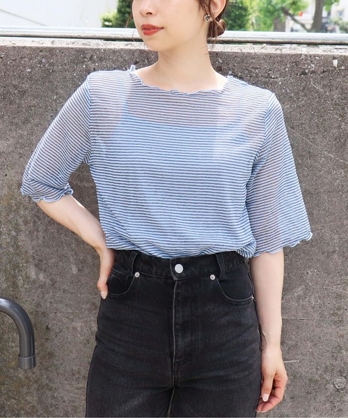 tiptop(ティップトップ)の「シアーボーダー5分袖Tシャツ×キャミSET(Tシャツ/カットソー・レディース・チャコールグレー/オフホワイト/ブルー/アイボリー・FREE)」の22枚目の写真