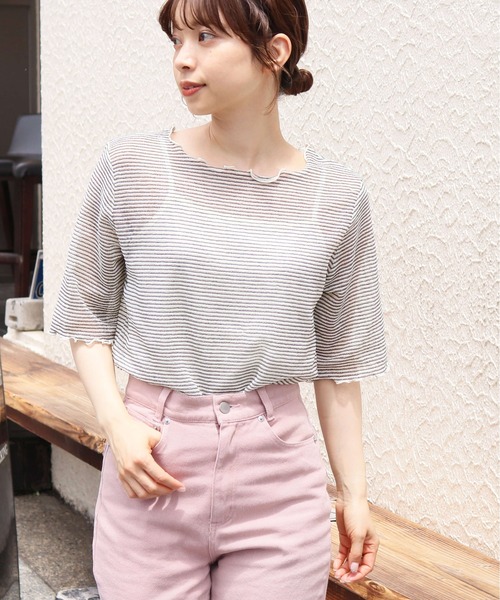 tiptop(ティップトップ)の「シアーボーダー5分袖Tシャツ×キャミSET(Tシャツ/カットソー・レディース・チャコールグレー/オフホワイト/ブルー/アイボリー・FREE)」の15枚目の写真