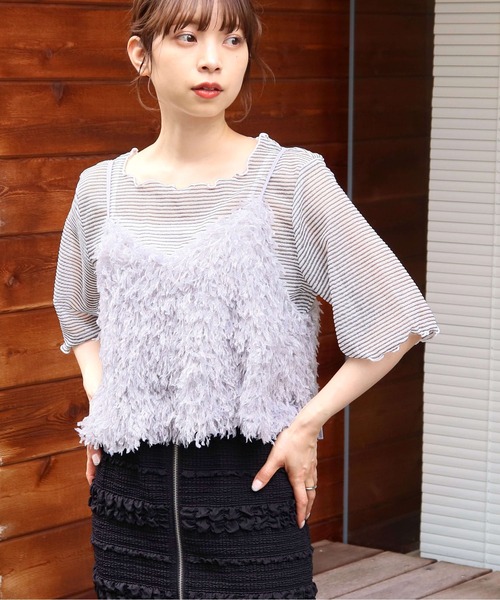 tiptop(ティップトップ)の「シアーボーダー5分袖Tシャツ×キャミSET(Tシャツ/カットソー・レディース・チャコールグレー/オフホワイト/ブルー/アイボリー・FREE)」の5枚目の写真