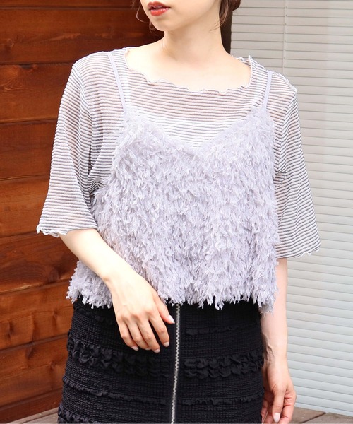 tiptop(ティップトップ)の「シアーボーダー5分袖Tシャツ×キャミSET(Tシャツ/カットソー・レディース・チャコールグレー/オフホワイト/ブルー/アイボリー・FREE)」の6枚目の写真