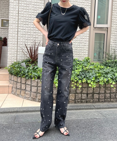 Futier land(フューティアランド)の「パール付デニムパンツ(デニムパンツ・レディース・ブラック/ライトブルー・LARGE/MEDIUM/SMALL)」の6枚目の写真