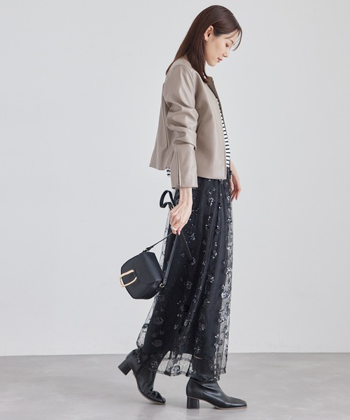 セール】シンセティックレザーノーカラージャケット（ノーカラー