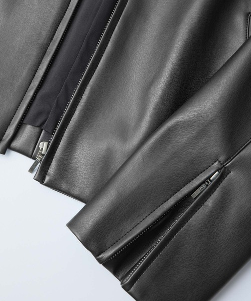 セール】シンセティックレザーノーカラージャケット（ノーカラー