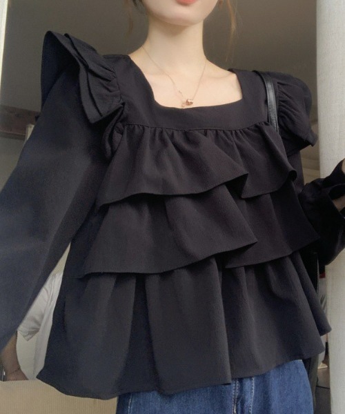 deux amour（ドゥーザムール）の「フリルティアードスクエアネックバックリボンブラウス（Tシャツ/カットソー・レディース・ホワイト/ブラック/アイボリー/ブルー・FREE）」の11枚目の写真