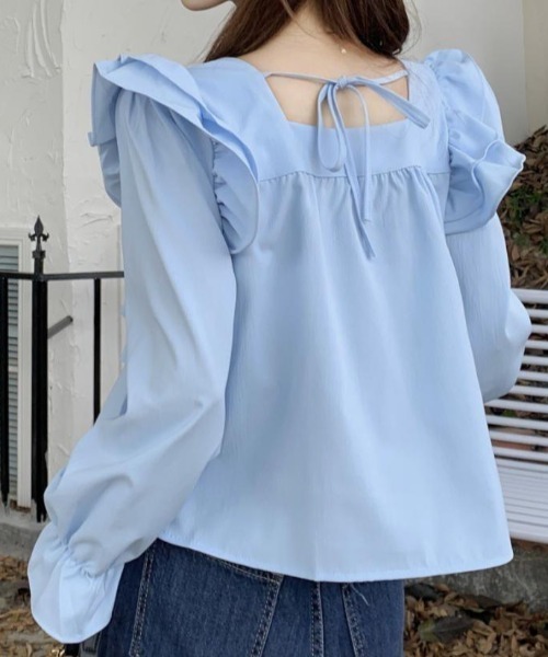 deux amour（ドゥーザムール）の「フリルティアードスクエアネックバックリボンブラウス（Tシャツ/カットソー・レディース・ホワイト/ブラック/アイボリー/ブルー・FREE）」の20枚目の写真