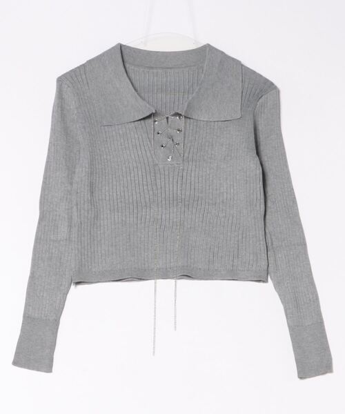 doublestandardclothingニットセーターレースアップネック長袖 ニット】 トップス セーター 黒 ブラック 長袖 刺繍 レース リブ