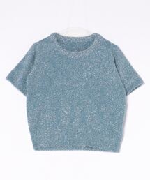 ラメ フイルム クルーネック 半袖ニット