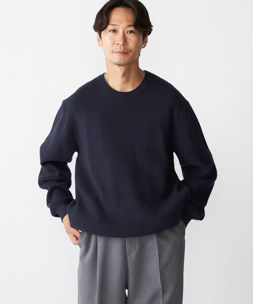 CAHLUMN　クルーネックニットネイビーシルク混コットン　御茶ノ水店舗限定品 セール】SHIPS:〈洗濯機可能〉SOLOTEX(R) 12ゲージ コットン 畦