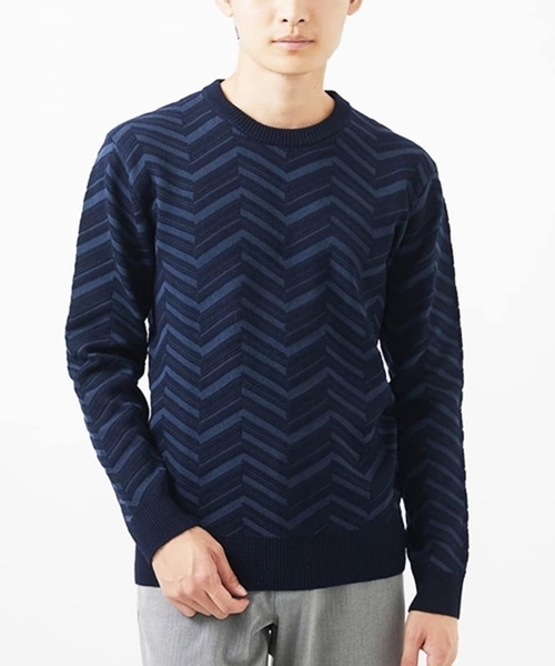 MK MICHEL KLEIN HOMME (エムケーミッシェルクランオム)の「【残りわずか/在庫限り/洗える】ジャガードニット / へリンボンジャガード(ニット/セーター・メンズ・オレンジ/ライトグレー/ネイビー・48/51/46)」の2枚目の写真