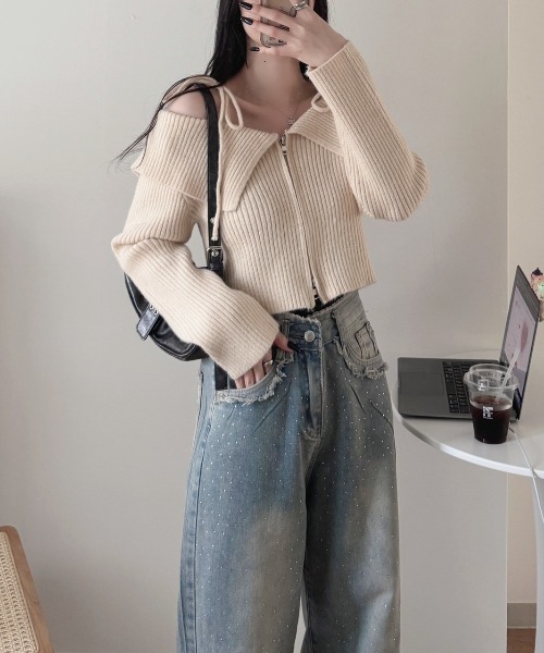 セール】《Delfy》ダブルジップラメオフショルニット（ニット/セーター