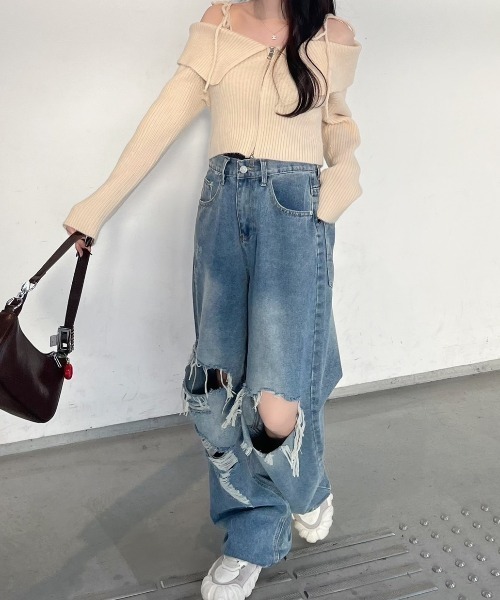 nemne store（ネンネストア）の「《Delfy》ダブルジップラメオフショルニット（ニット/セーター・レディース・アイボリー/グレー・フリー）」の6枚目の写真