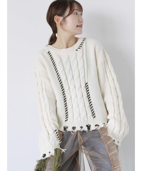 ehka sopo(エヘカソポ)の「クラッシュケーブルニット(ニット/セーター・レディース・オフホワイト/サックスブルー/ブラック・F)」の2枚目の写真