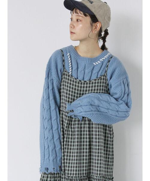 ehka sopo(エヘカソポ)の「クラッシュケーブルニット(ニット/セーター・レディース・オフホワイト/サックスブルー/ブラック・F)」の3枚目の写真