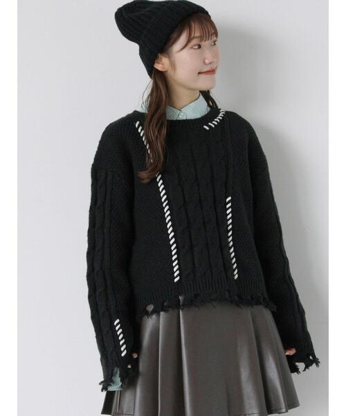 ehka sopo(エヘカソポ)の「クラッシュケーブルニット(ニット/セーター・レディース・オフホワイト/サックスブルー/ブラック・F)」の1枚目の写真