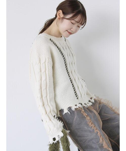 ehka sopo(エヘカソポ)の「クラッシュケーブルニット(ニット/セーター・レディース・オフホワイト/サックスブルー/ブラック・F)」の8枚目の写真